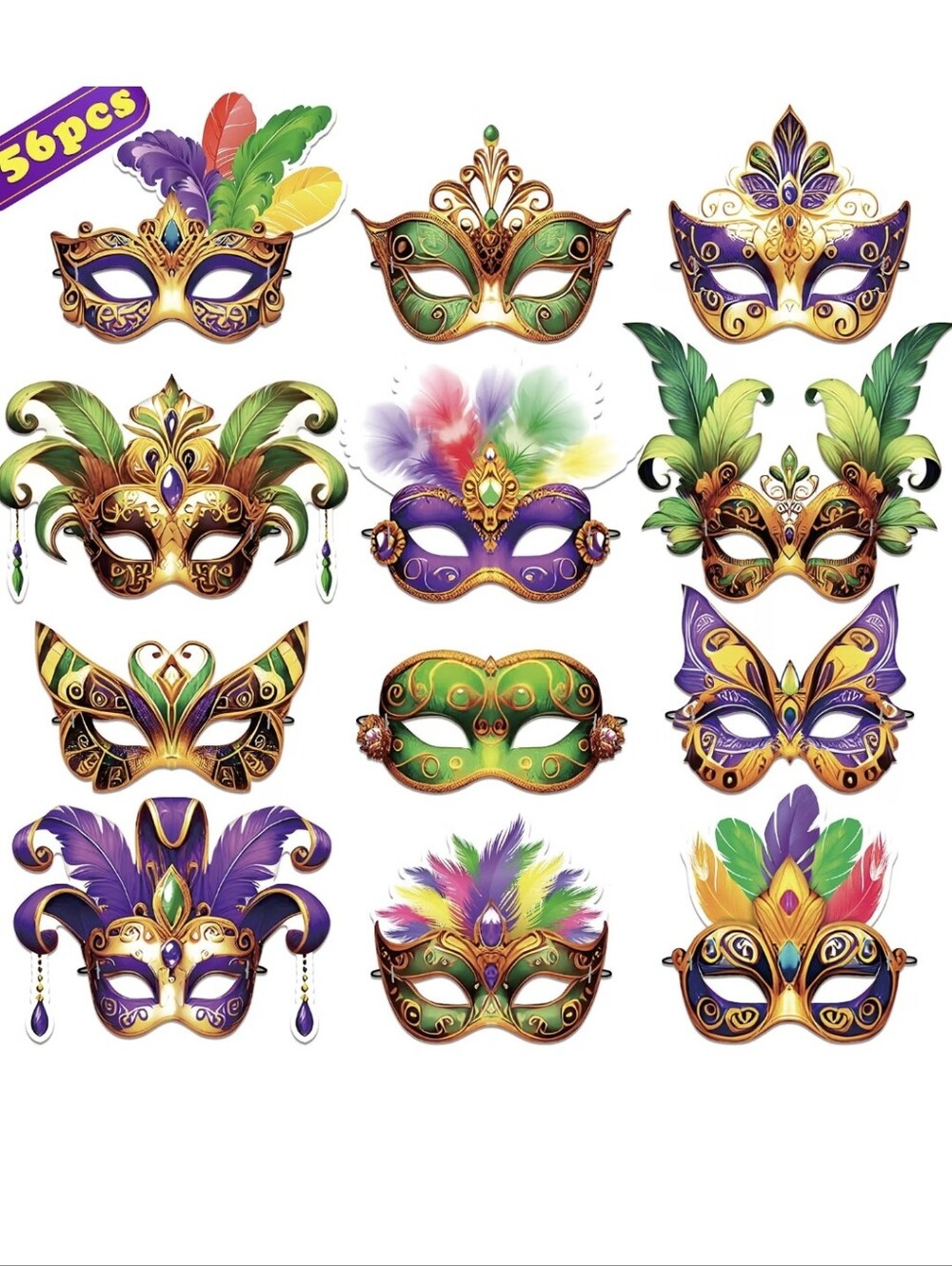 56PCS Mardi Gras Masks Bulk Set: Party Decorations Carnival Favors